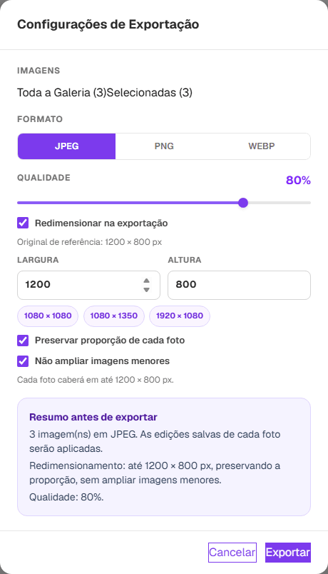 Modal real de exportação com três imagens, formatos, redimensionamento e resumo do lote