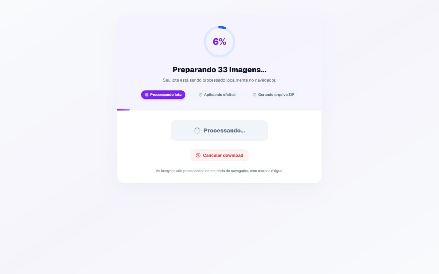 Tela real de progresso da exportação local de um lote com 33 imagens