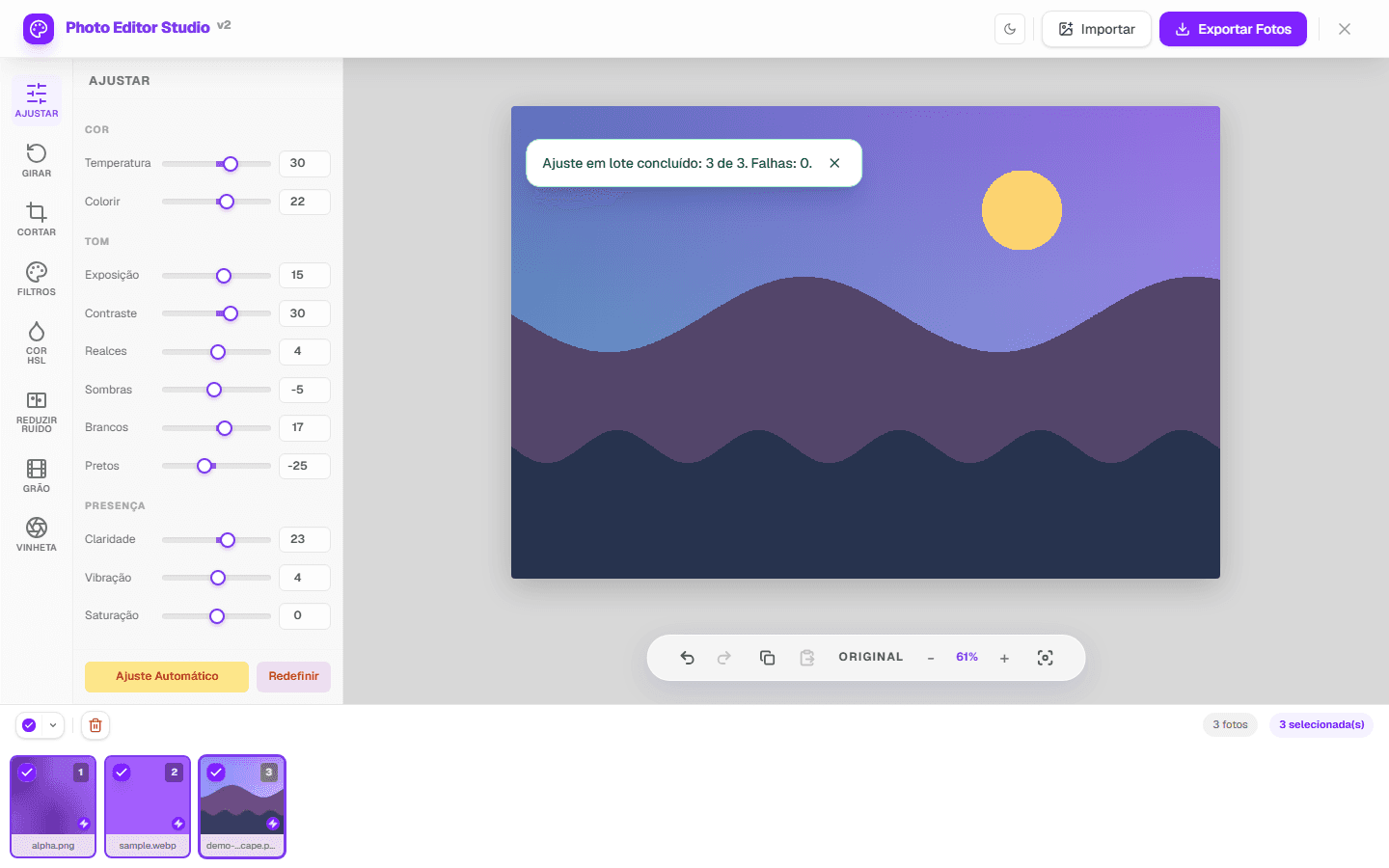 Interface real após ajuste automático concluído em três imagens sem falhas