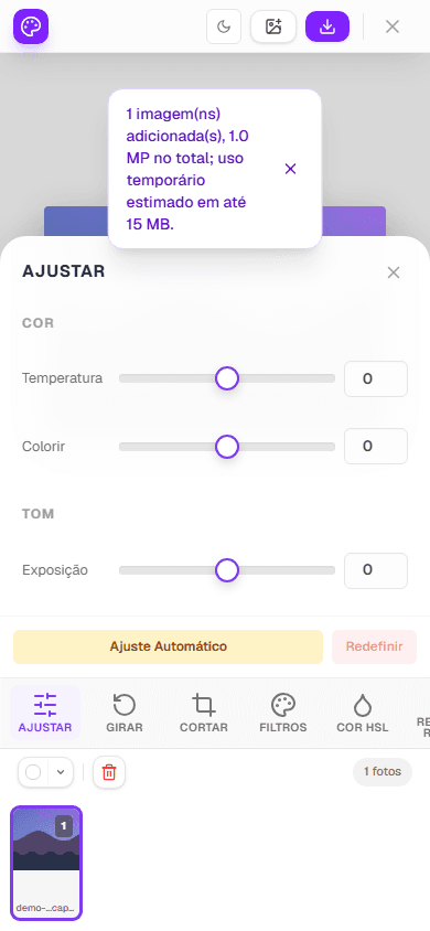 Editor real em tela móvel com imagem central, galeria e painel de ajustes