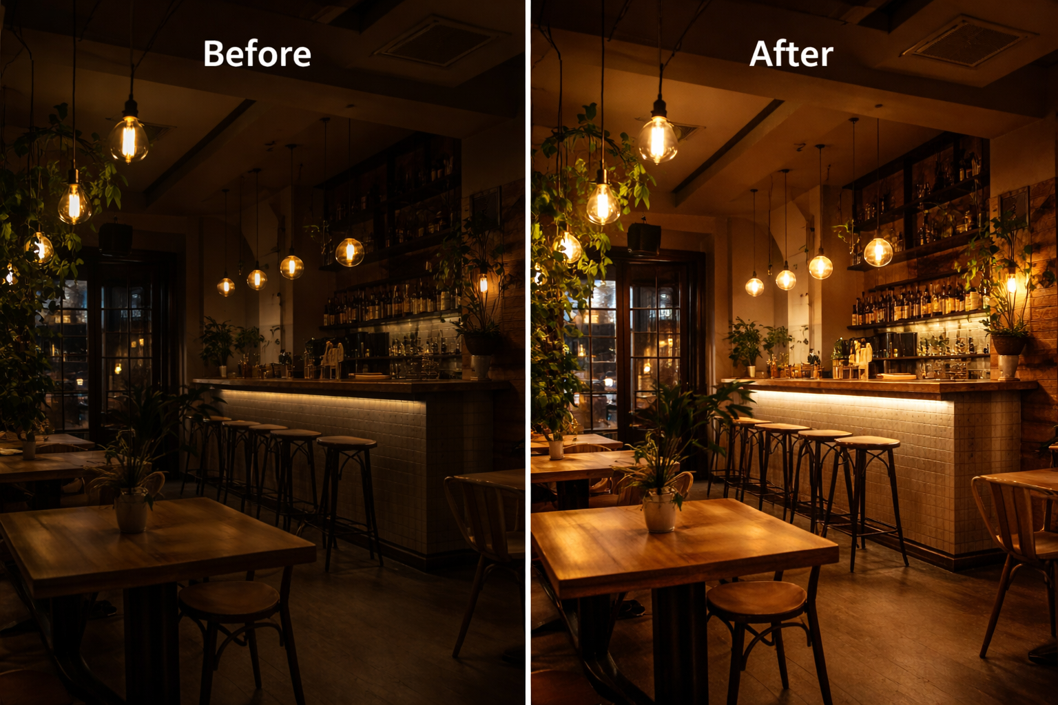Antes e depois do ajuste de brilho e contraste em foto de interior de café: de ambiente escuro e sem vida para ambiente acolhedor e bem iluminado