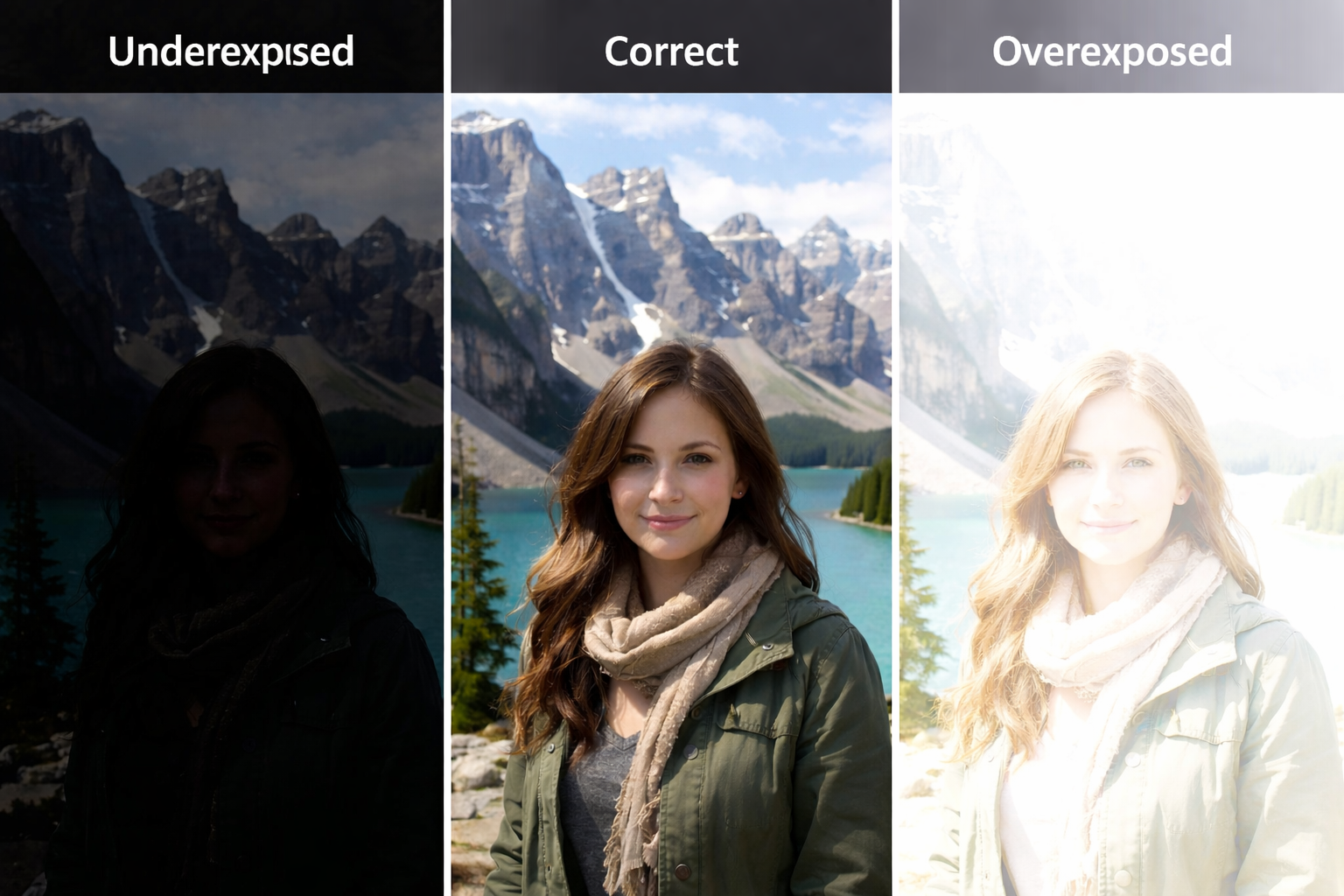 Comparação de três níveis de exposição: foto subexposta (escura), corretamente exposta e superexposta (estourada)