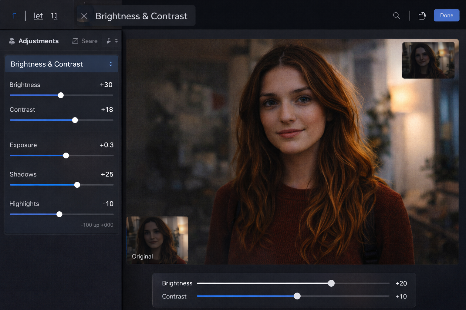 Painel de controles de iluminação do PhotoEditor.Studio com sliders de brilho (+30), contraste (+18), sombras (+25) e realces (-10) ajustados