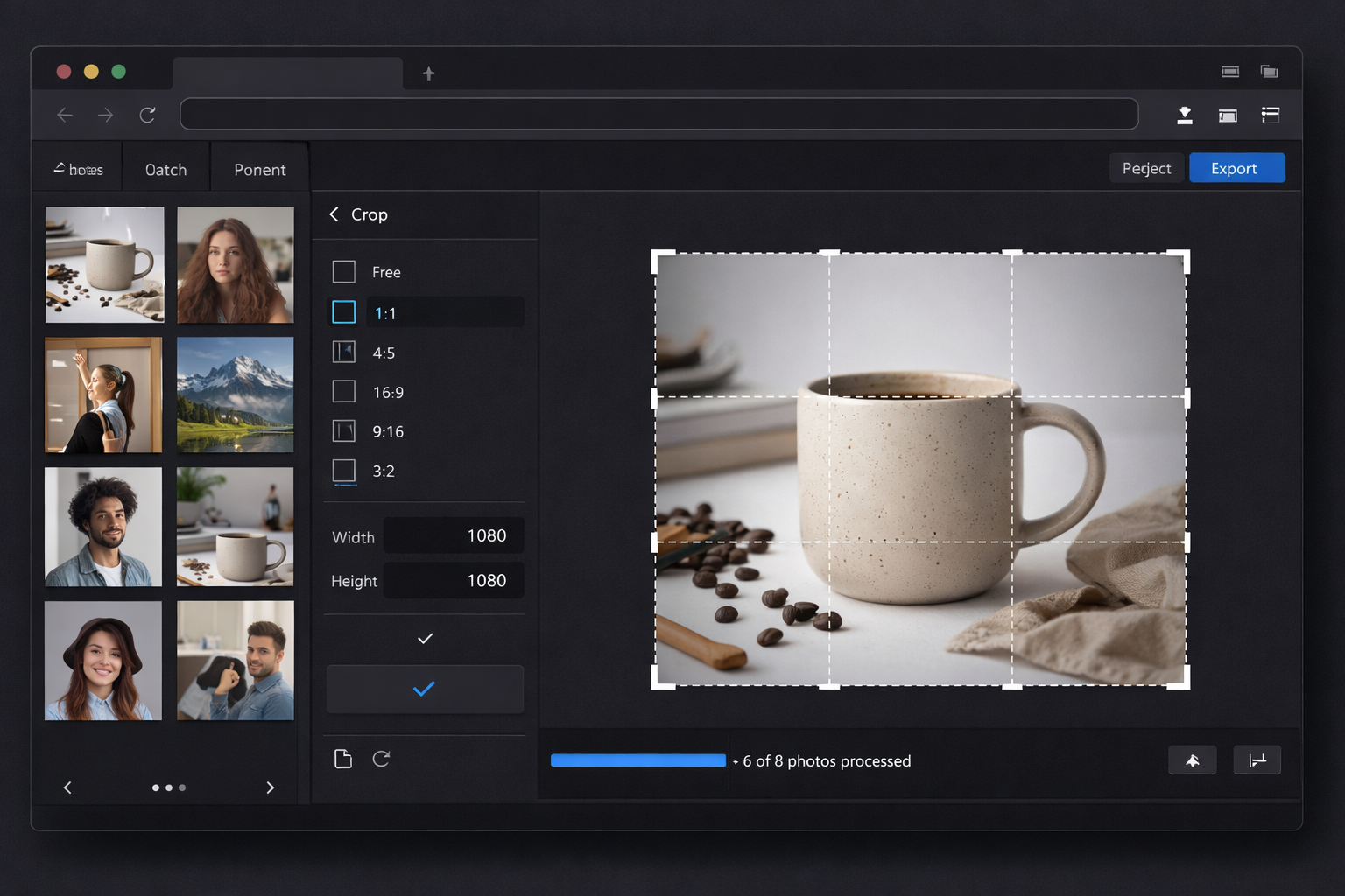 Batch photo editing interface with crop tool