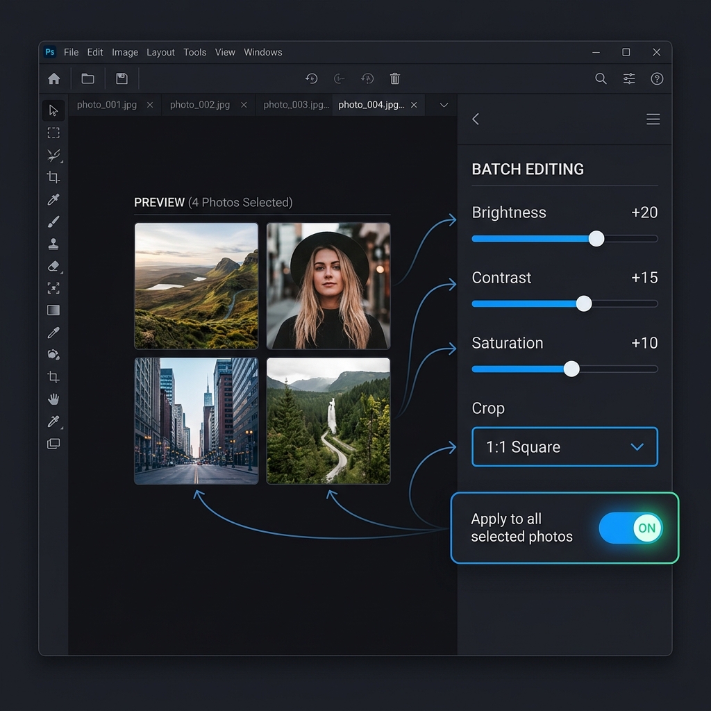 Controles de edição em lote com sliders de brilho e contraste sendo aplicados a múltiplas fotos simultaneamente
