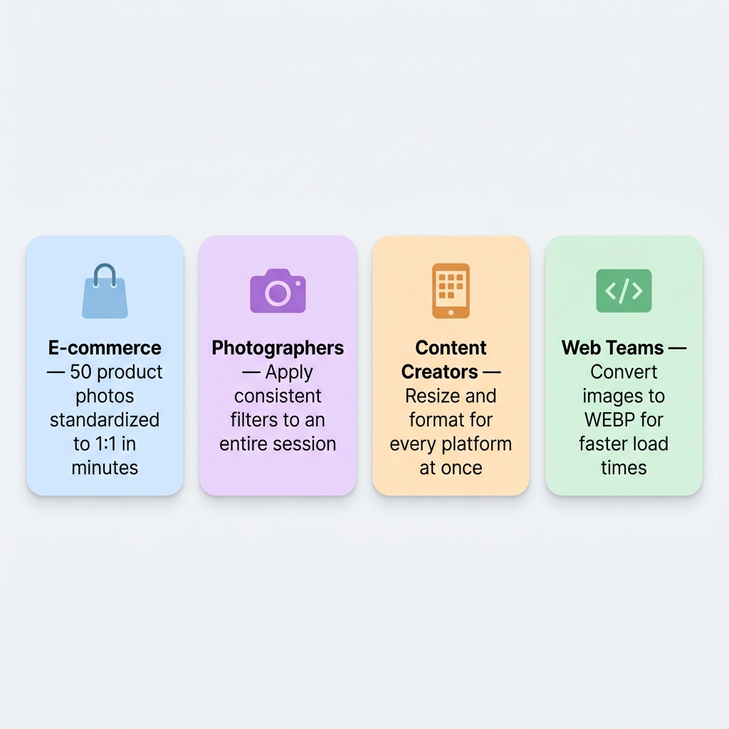 Quatro casos de uso da edição em lote: e-commerce, fotógrafos, criadores de conteúdo e times de web
