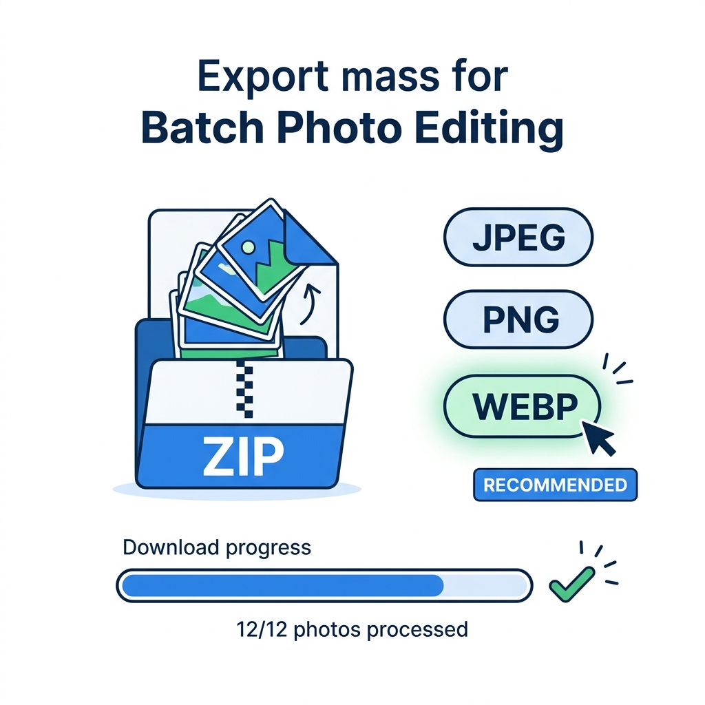 Processamento de exportação em lote: múltiplas fotos sendo empacotadas em um arquivo ZIP