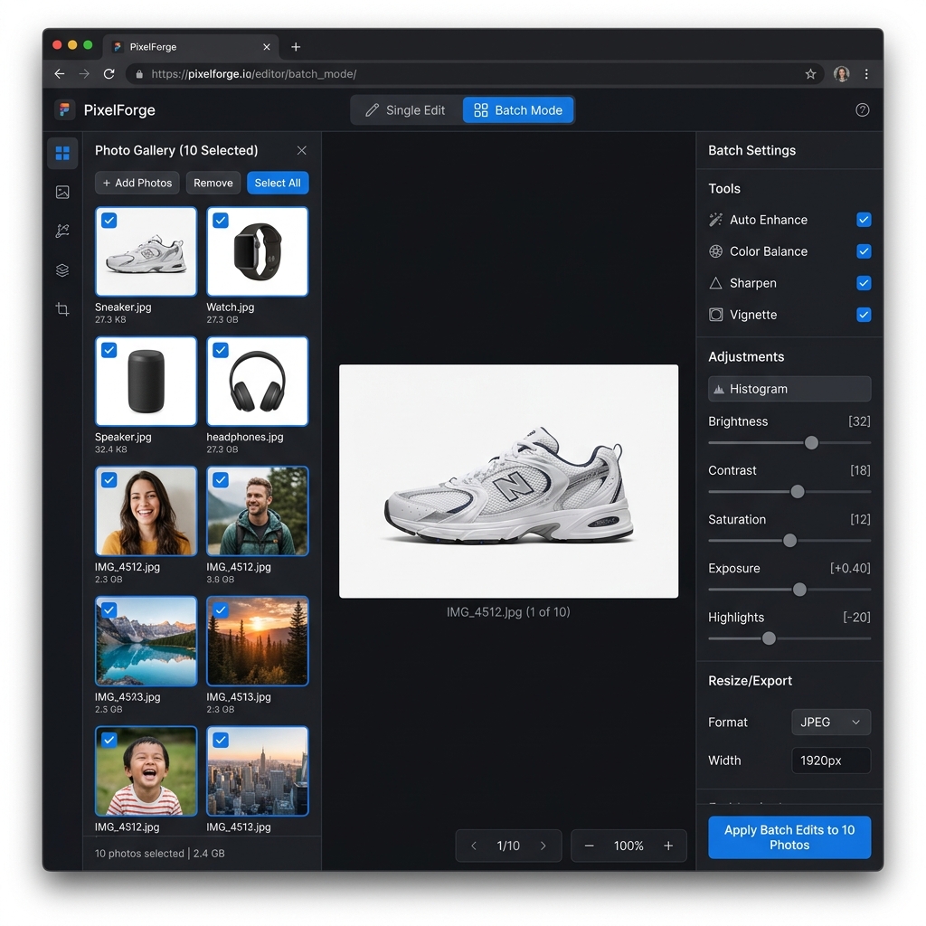 Painel de miniaturas do editor com 10 fotos selecionadas para edição em lote