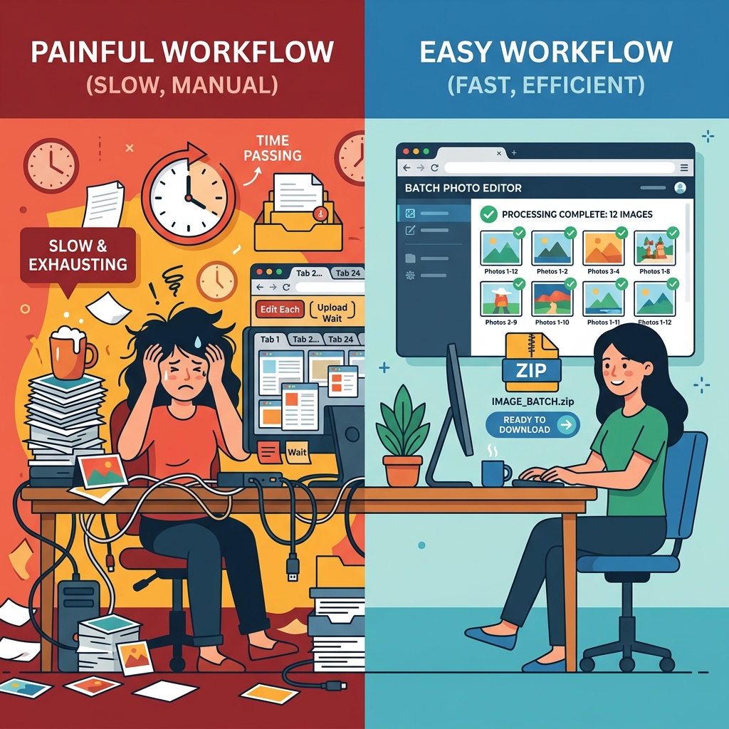 Comparação entre editar fotos uma a uma (lento e frustrante) e editar em lote (rápido e eficiente)