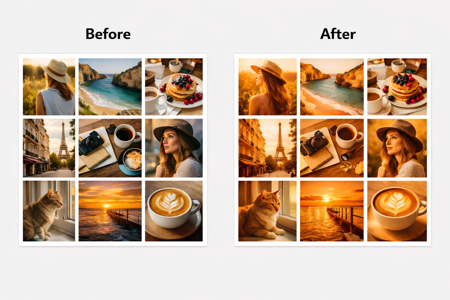 Comparison of Instagram feed before and after consistent editing: from mismatched photos to a cohesive, professional grid