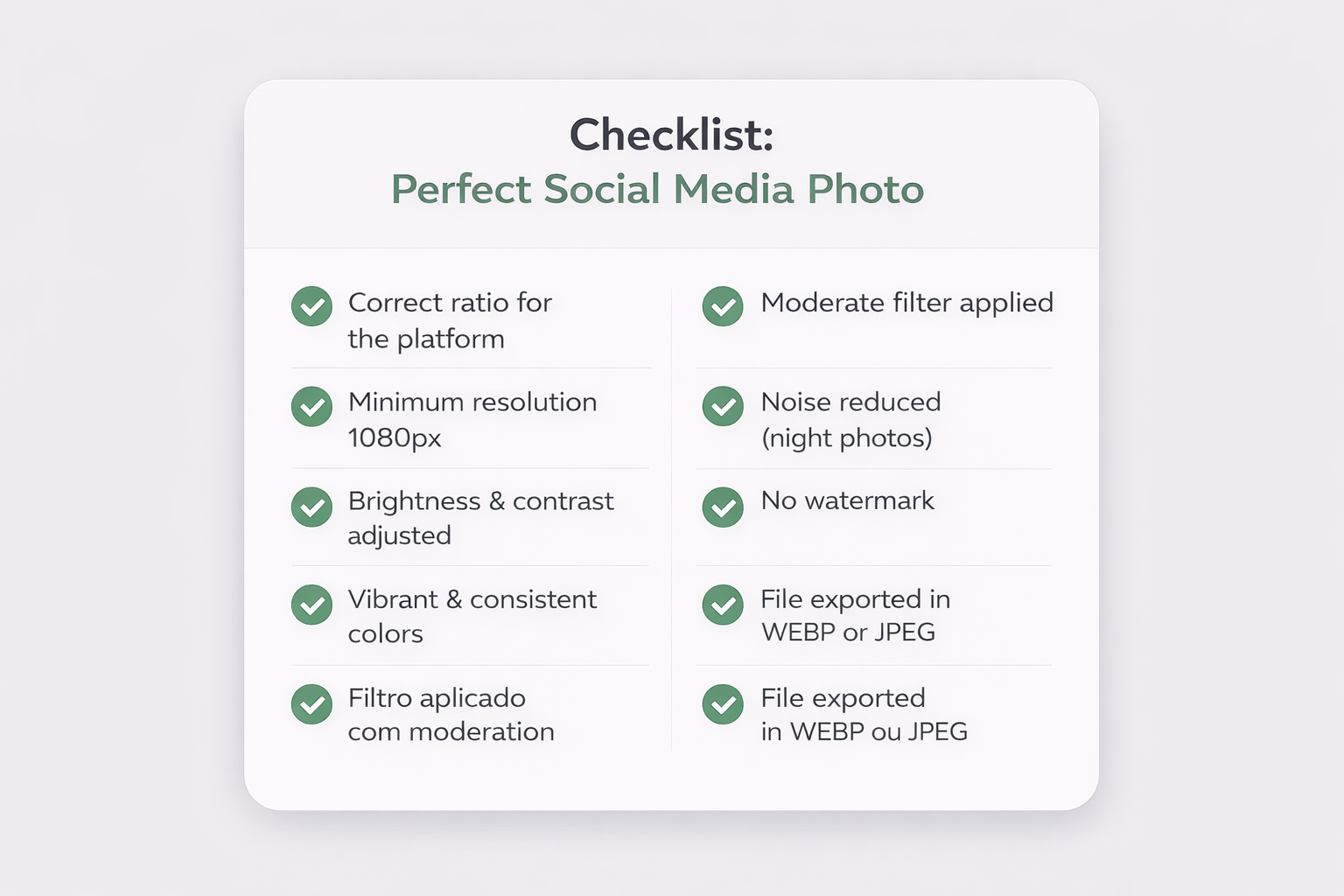Complete photo editing checklist for social media: ratio, resolution, brightness, colors, filter, noise and export