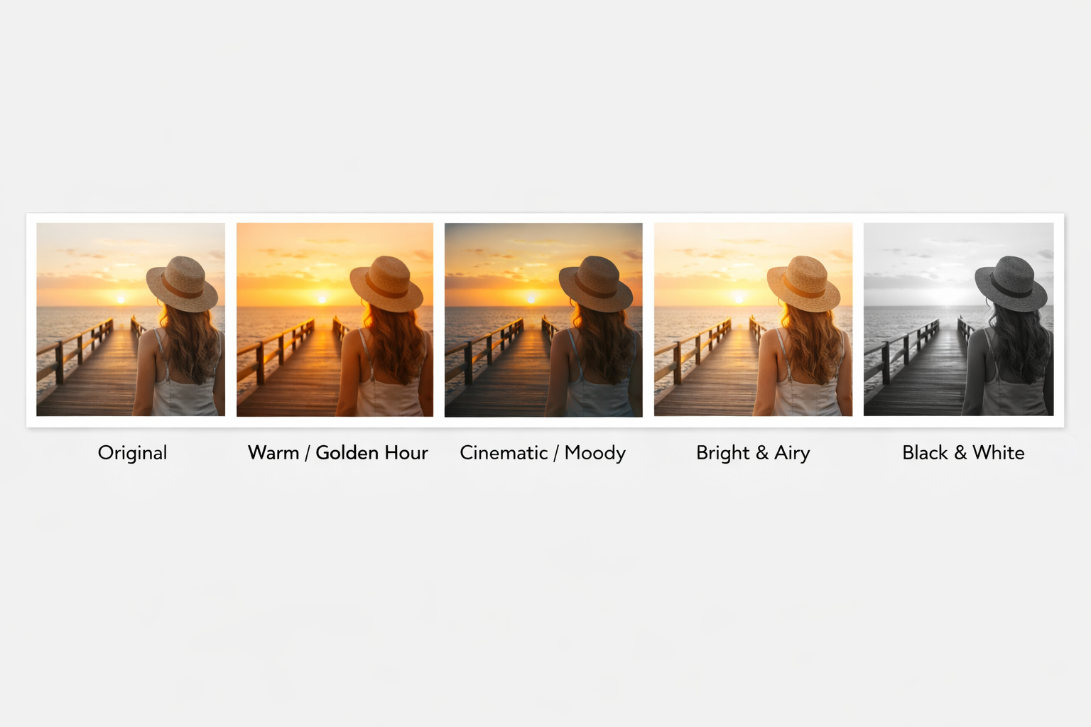 Filter comparison for Instagram: original, warm tone, cinematic moody, light and airy, black and white