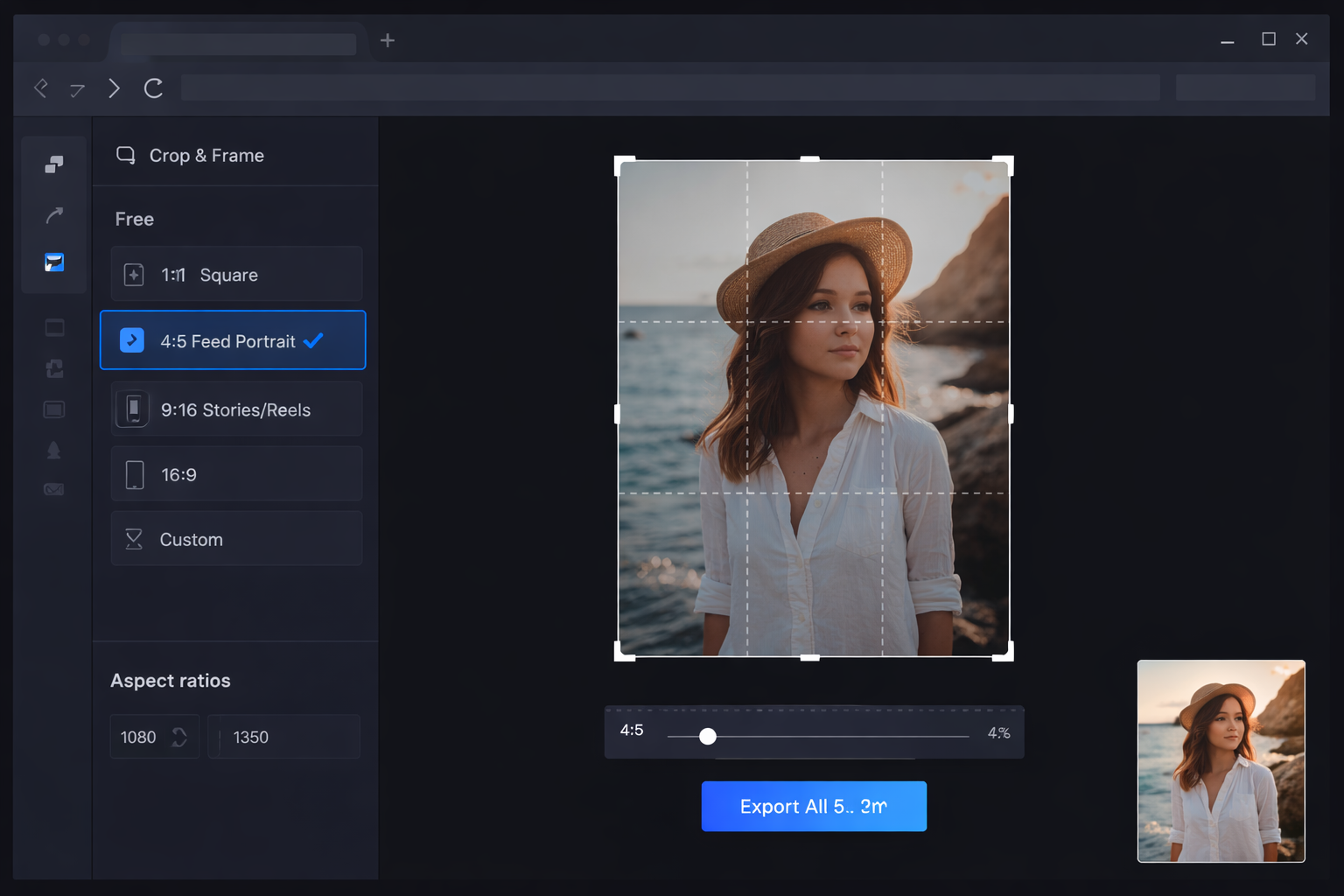 PhotoEditor.Studio interface with crop tool selected at 4:5 ratio for Instagram Feed