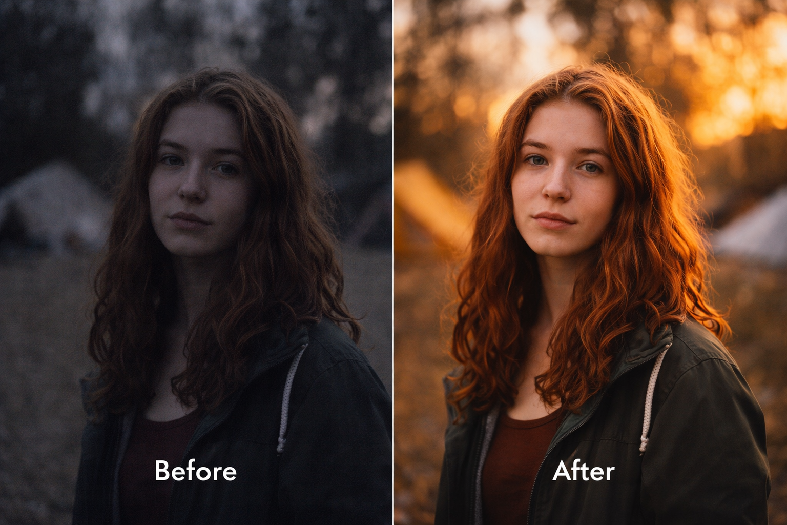 Antes e depois da edição: foto com ajuste de exposição, cores e ruído