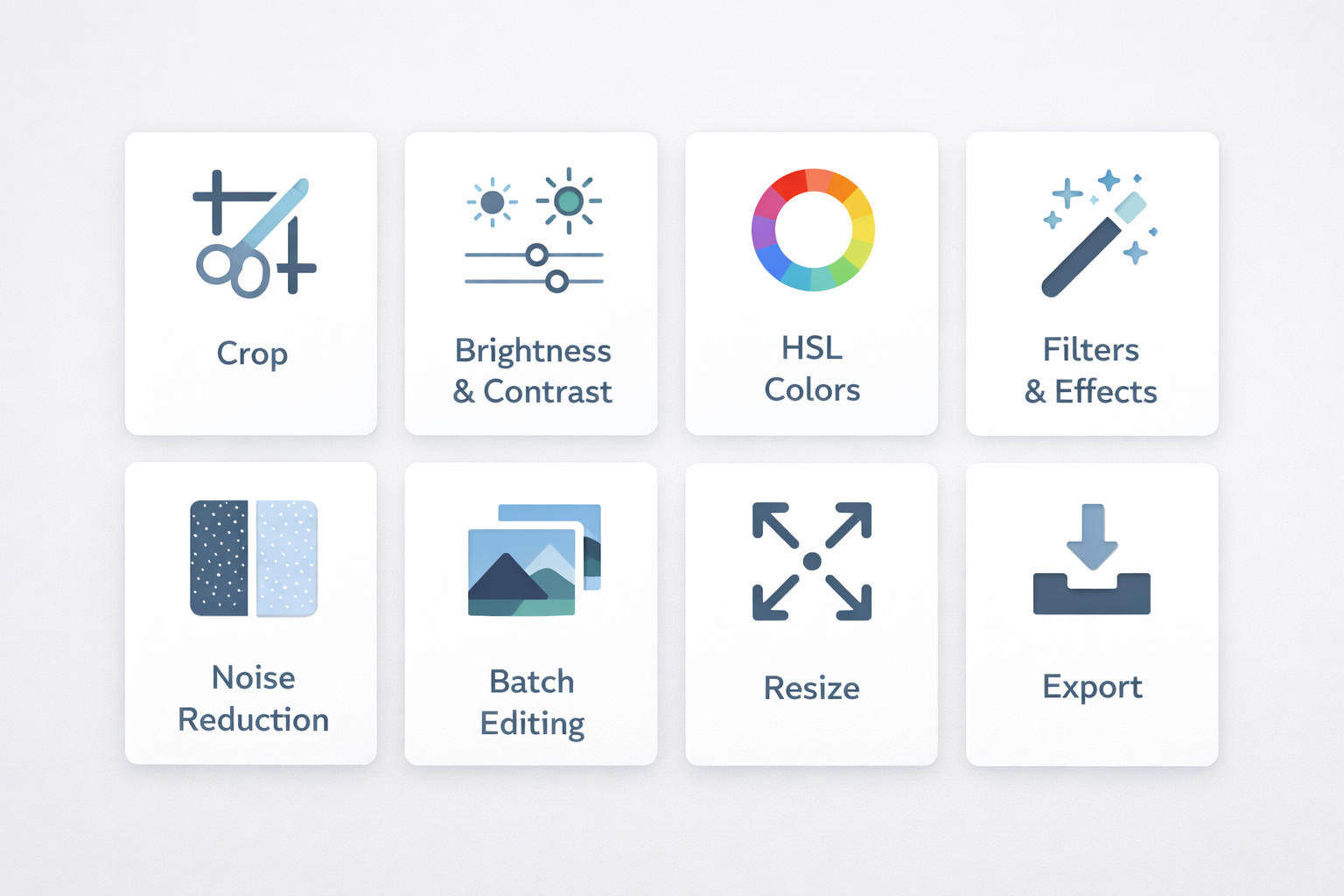 Painel de ferramentas do editor: corte, filtros, HSL, redução de ruído