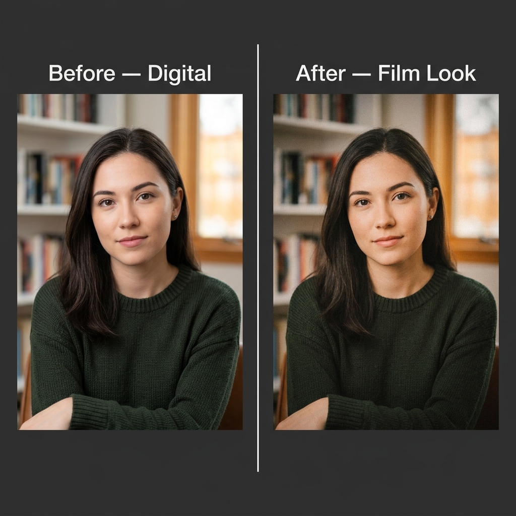 Before and after analog film effect on a portrait: sharp digital photo transformed into image with grain, faded colors and cinematic charm