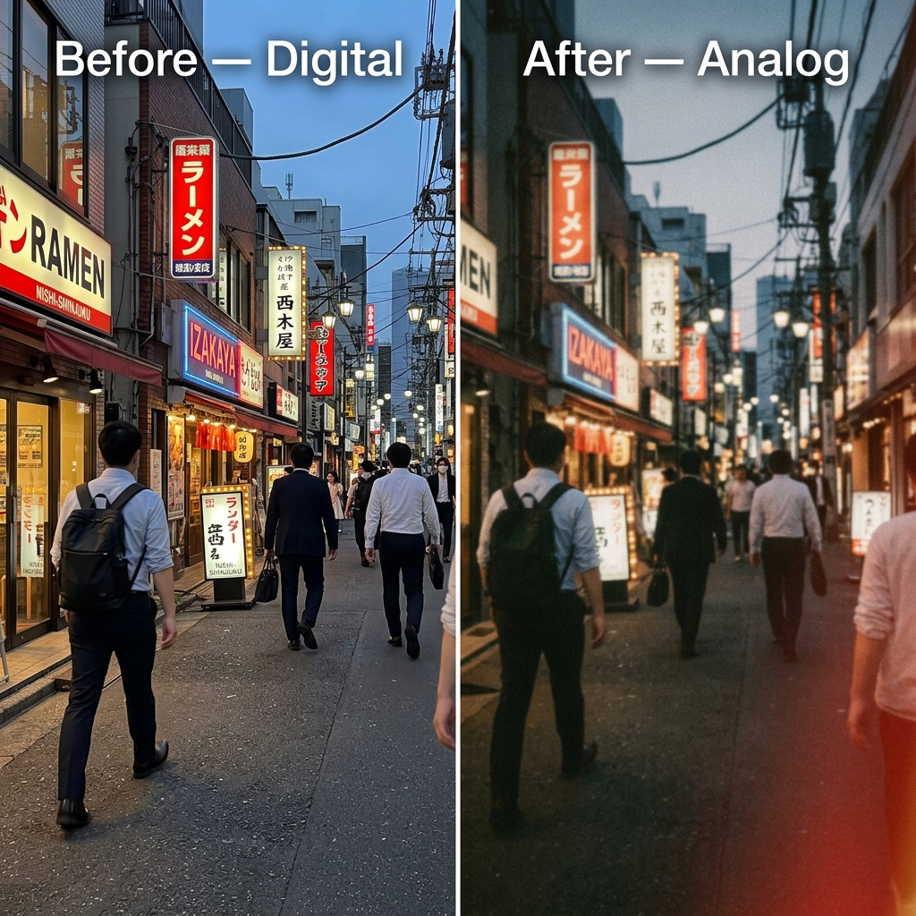 Before and after analog aesthetic on street photography: from clean digital photo to image with grain, atmosphere and personality of 1980s film photography