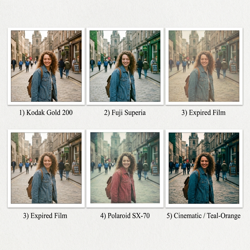 Comparison of 5 analog aesthetic styles: Kodak Gold 200, Fuji Superia, Expired Film, Polaroid SX-70 and Cinematic Teal-Orange