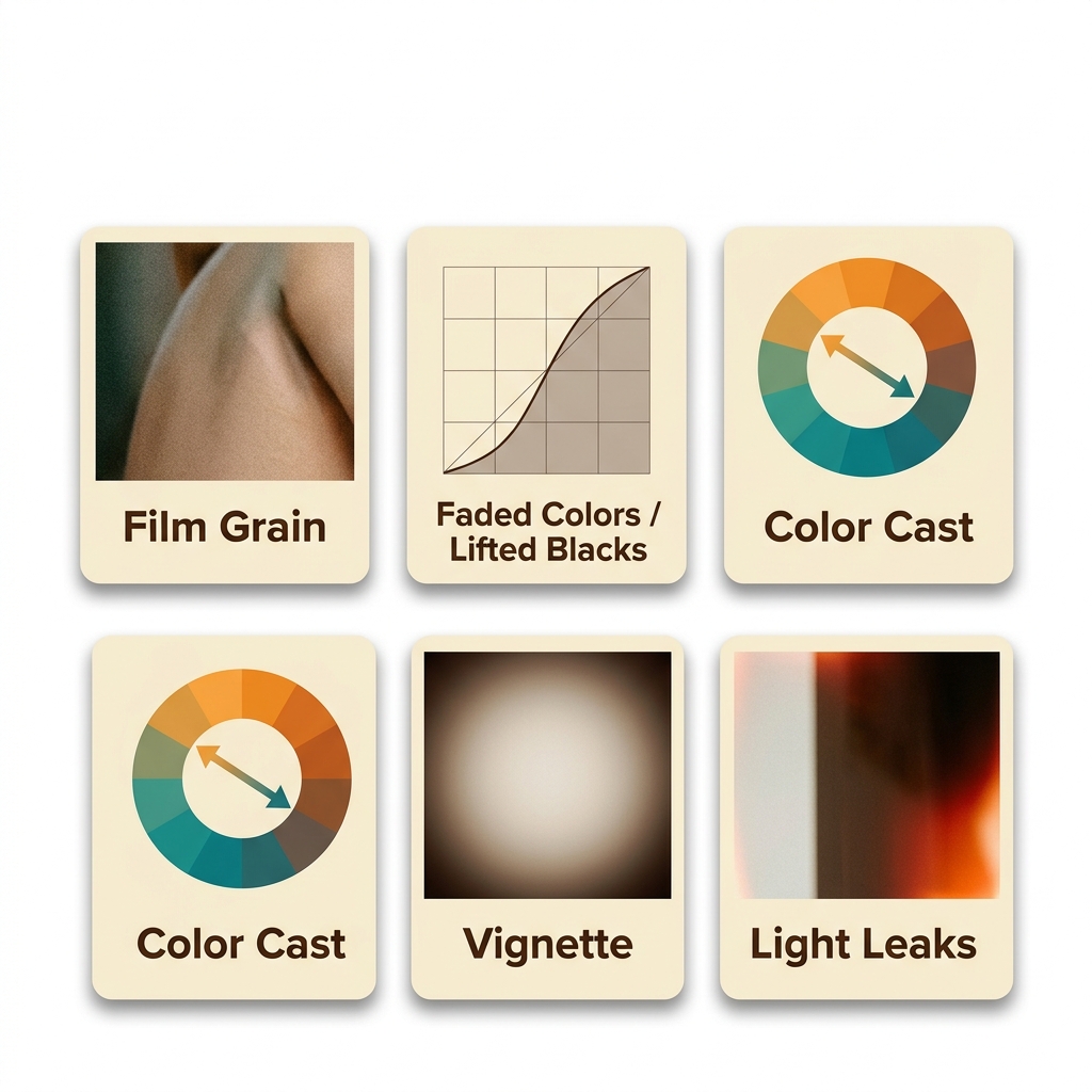 The 5 visual elements of the analog aesthetic: film grain, faded colors with lifted blacks, color cast, vignette and light leaks