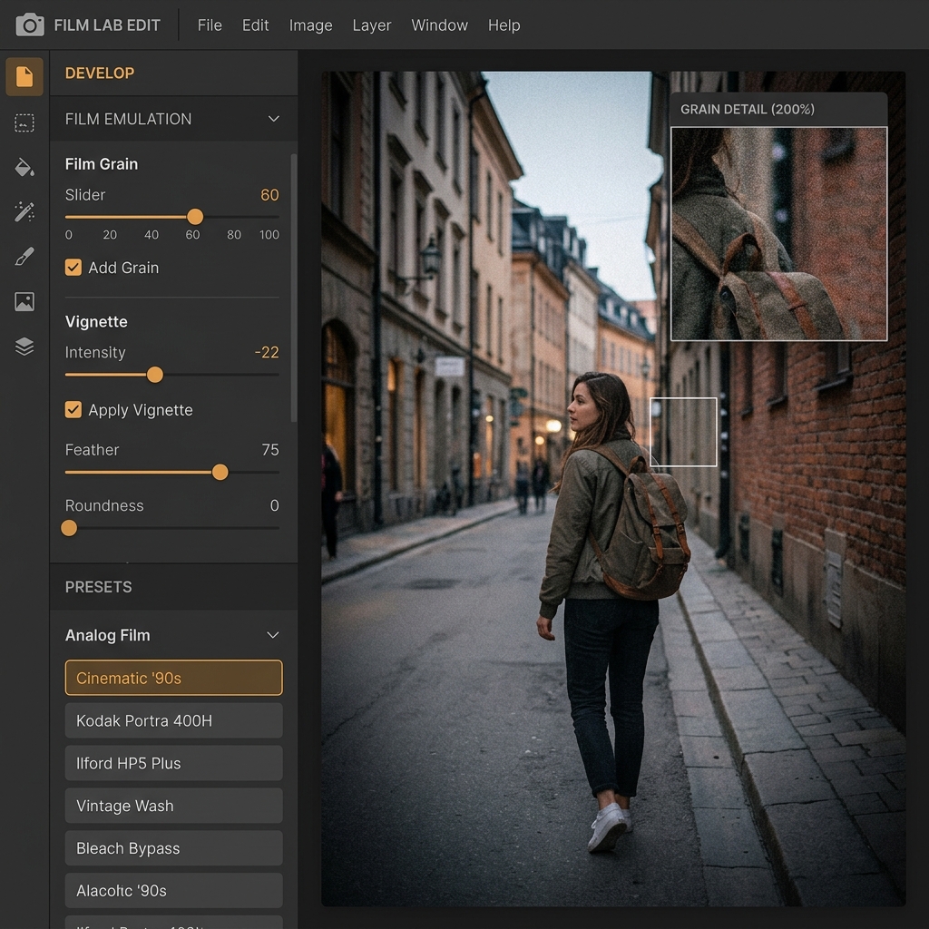 PhotoEditor.Studio interface with film grain slider at 60 and vignette at -22, showing a zoomed-in view of grain texture