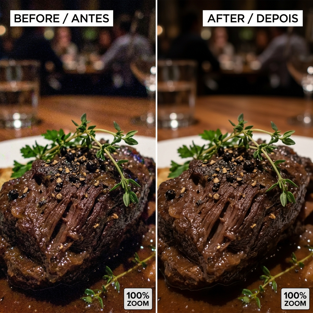 Before and after noise reduction on a smartphone photo: grain removed while preserving fine detail