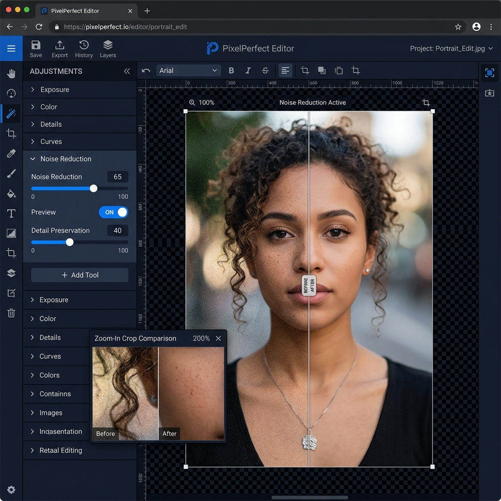 PhotoEditor.Studio interface showing the noise reduction slider set to 65, with real-time before and after comparison