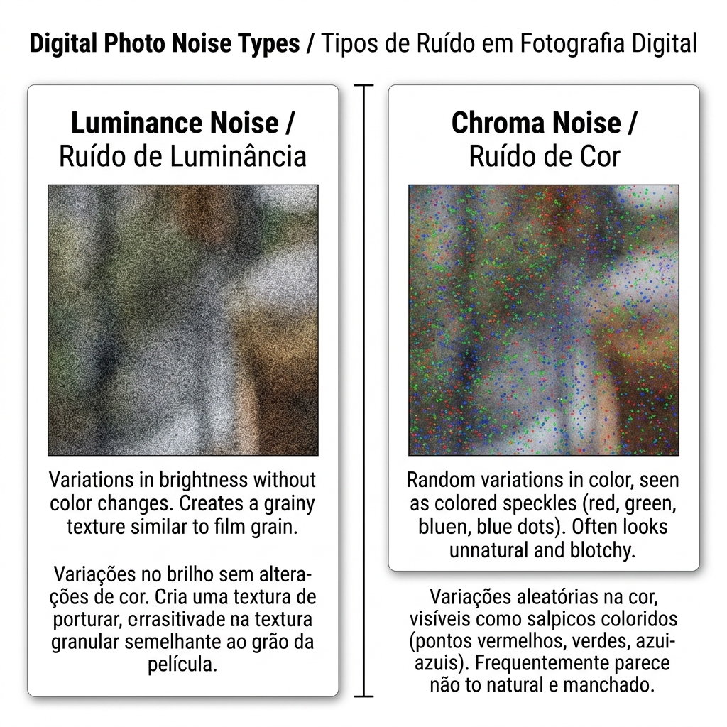 Visual difference between luminance noise (gray-tone grain) and chroma noise (random colored speckles)