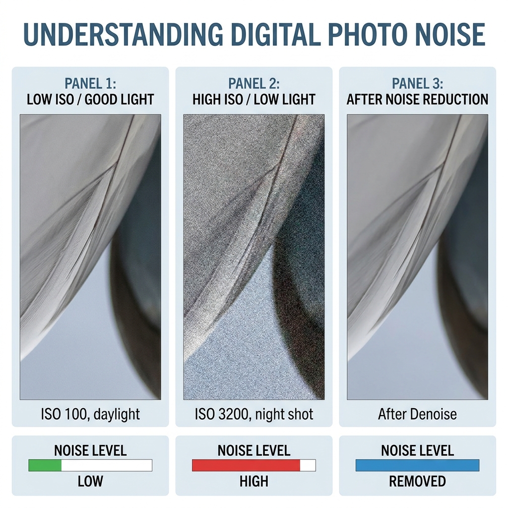 Comparison of a photo at low ISO (clean), high ISO (grainy), and after noise reduction (smooth and detailed)